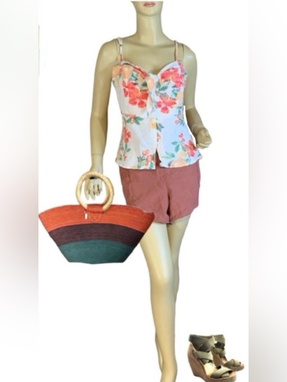 SOFIA JEANS X SOFIA VERGARA BEIGE LINEN W/ PEACH & GREEN FLORAL PRINT TOP (XL)